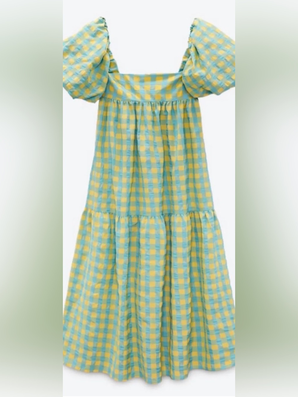 Zara Gingham Checkered Green Yellow Puff-Sleeve Sun Dress L - Picture 4 of 6